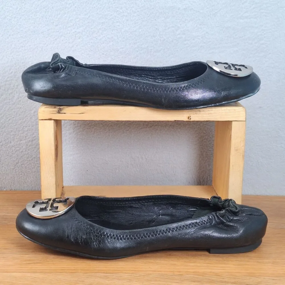 Tory Burch Minnie Travel Womens 7 Ballet Flats Black Leather Gold Logo Medallion